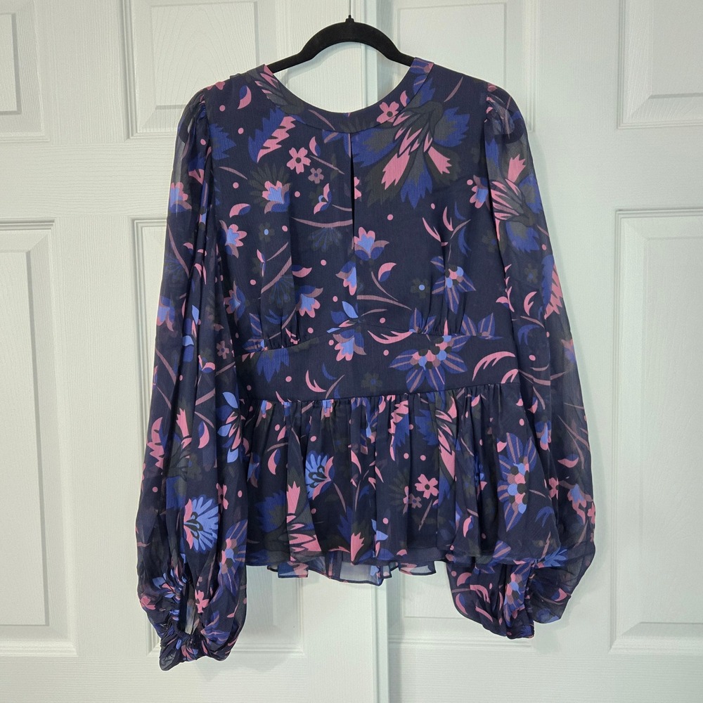 Ted Baker London Navy Floral Balloon Sleeve Peplum Blouse Top Size 6 UK 14